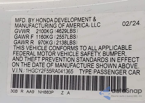 2024 Honda Accord Hybrid Sport z USA, uszkodzony, nr VIN 1HGCY2F55RA041365
